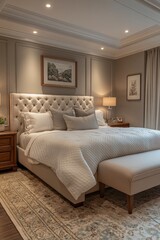 Professional realistic photo of a contemporary master bedroom with a tufted headboard, neutral bedding, and soft ambient lighting 