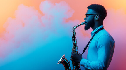 A stylish musician plays the saxophone against a vibrant, colorful background, embodying the essence of jazz and creativity.