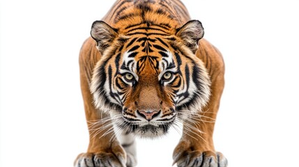 Obraz premium Majestic Tiger Stalking on White Background Captured in Detail