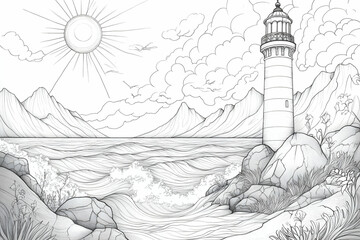 Line Art Lighthouse Illustration Overlooking The Sea And Mountains With The Sun