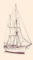 Obraz premium Line Art Sailing Ship Illustration On White Background Nautical Travel Concept