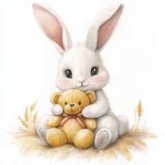 Obraz premium Cute white bunny cuddles a soft teddy bear in a peaceful setting with golden grass under a soft light