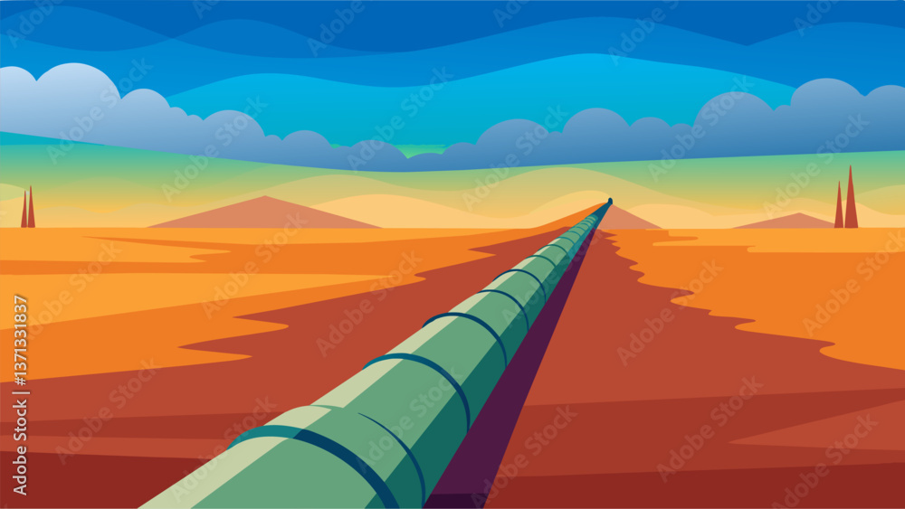 Poster a long straight line of pipe stretching across an open field disappearing into the horizon.. vector 