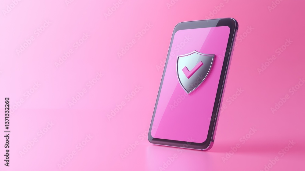 Aufkleber secure smartphone displaying shield icon on pink background for technology and safety concepts