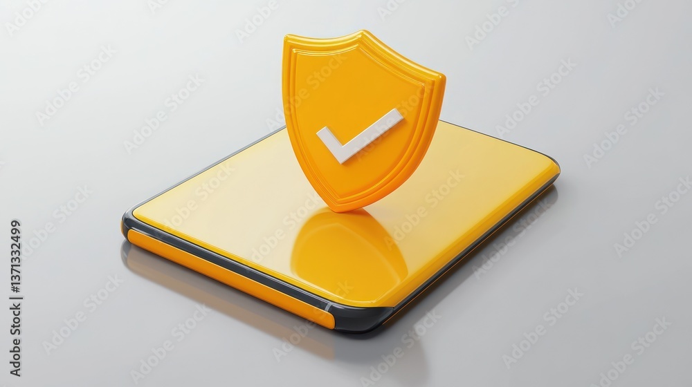 Poster secure smartphone protection yellow shield with checkmark on mobile device