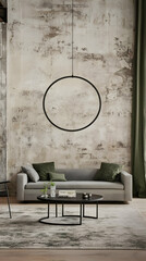 Modern Living Room Interior With Gray Sofa Black Circle Art And Green
