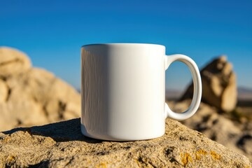 Obraz premium A white mug sits on a sun-drenched rock against a backdrop of a clear blue sky and light-colored textured hills
