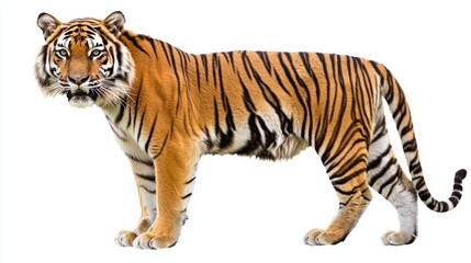 Obraz premium Striking Tiger in Full Profile Against a White Background