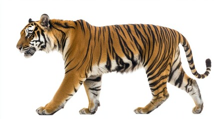 Fototapeta premium Striking Tiger Walking Gracefully Against a White Background
