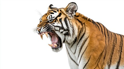 Obraz premium Majestic Tiger Displaying Powerful Roar on White Background