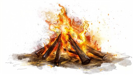 A bonfire clipart with warm glowing flames, giving off a cozy autumn vibe, isolated on white.