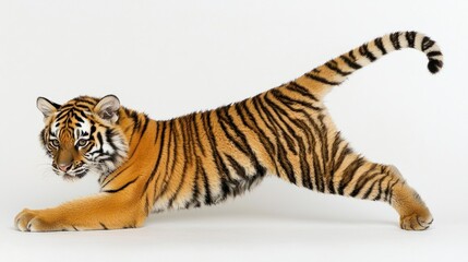 Fototapeta premium Striking Tiger in Dynamic Pose Against Clean White Background