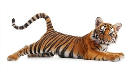 Obraz premium Young Tiger Lying Gracefully on White Background with Striking Fur