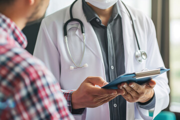 Doctor discusses patient health in a clinical setting during a routine checkup