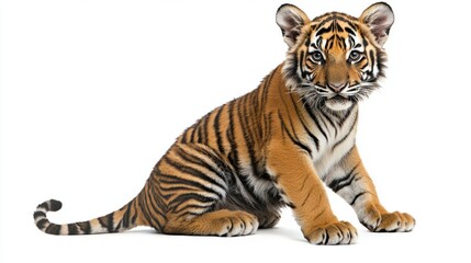 Obraz premium Majestic Tiger Cub Sitting Gracefully on White Background