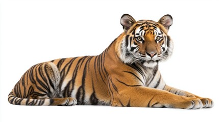 Obraz premium Majestic Tiger Resting Gracefully on White Background