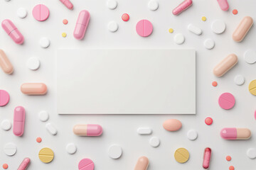 Pills and capsules arranged artistically around a blank canvas on a white background