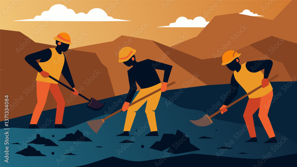 Poster a closeup shot of workers manually extracting lignite from the seam using shovels and other tools to