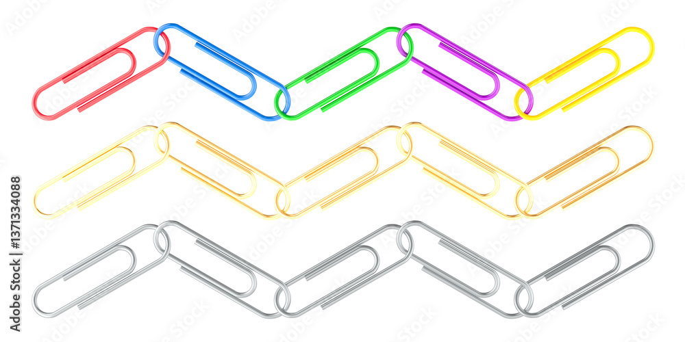 Poster chains from colored paper clips with pvc coated and from golden, metallic paper clips. 3d rendering 
