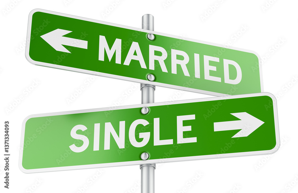 Poster single or married, concept. opposite traffic sign, 3d rendering isolated on transparent background