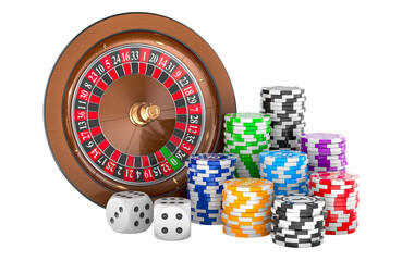 Casino Roulette Wheel with poker chips and dice, gambling concept. 3D rendering isolated on transparent background