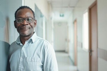Obraz premium Portrait of a confident black man in office hallway