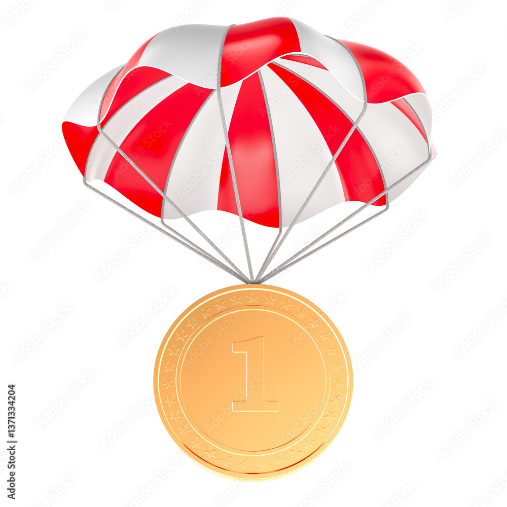 Aufkleber parachute with golden coin. 3d rendering isolated on transparent background
