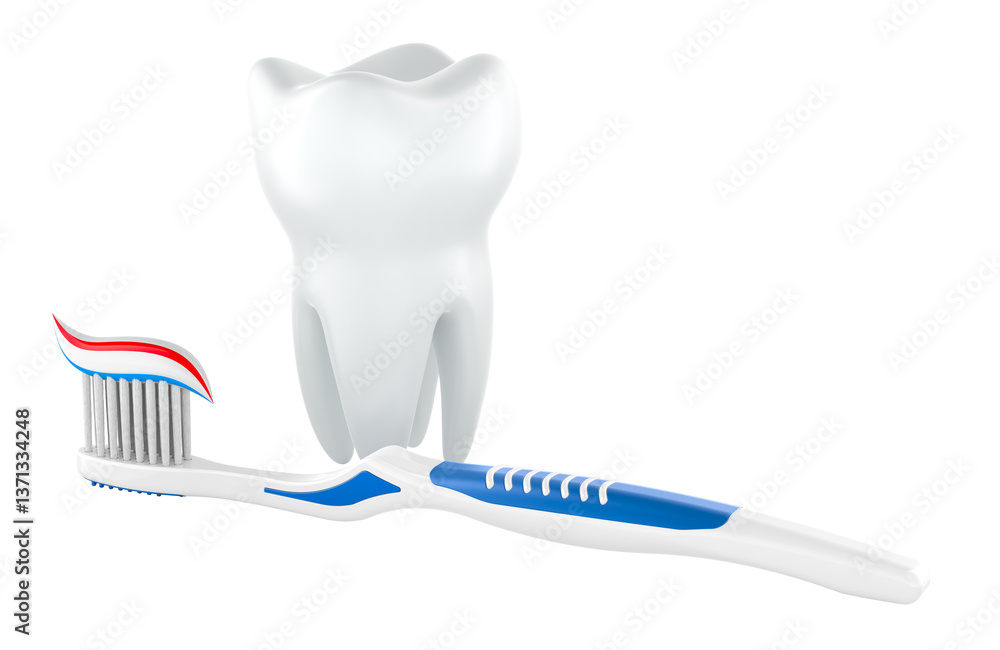 Poster tooth and toothbrush with toothpaste. 3d rendering isolated on transparent background