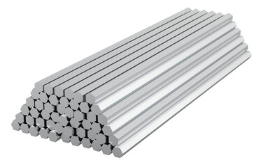 Stainless Steel Hexagon Bars. 3D rendering isolated on transparent background
