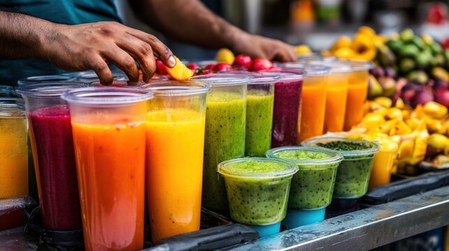 Colorful array of fresh fruit smoothies prepared by a vendor at a market