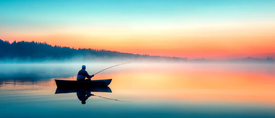 A serene scene of a lone fisherman in a boat, casting a line into a misty lake at sunrise, surrounded by trees and reflecting vibrant colors.