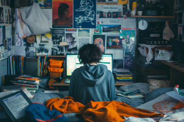 Studying in a cluttered room filled with art and personal items at twilight