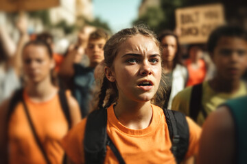 Fototapeta premium group of people in orange shirts with protest signs in urban setting symbolizing activism and social movement in a city environment