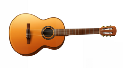Small classic guitar with a polished wooden body and detailed strings isolated on a transparent background
