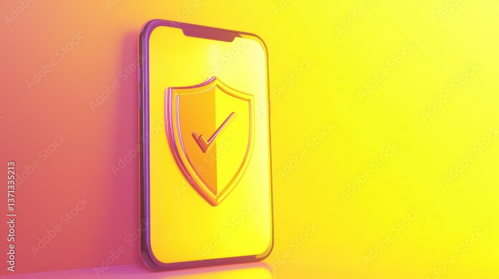 Poster smartphone security icon displayed on a vibrant background with protective shield and checkmark