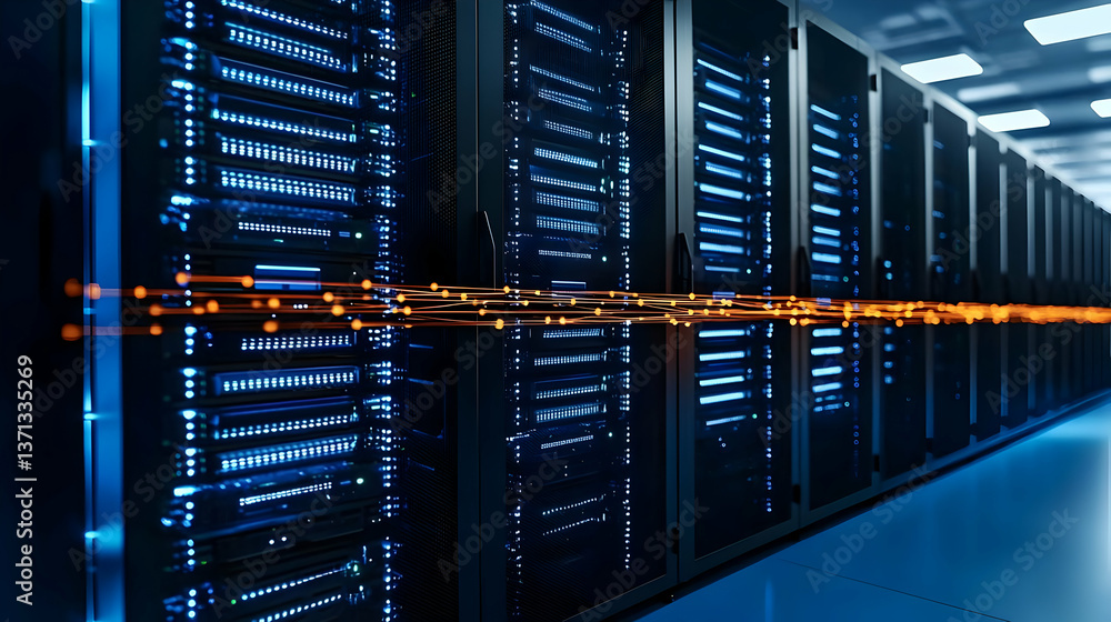 Poster modern data center server racks with glowing connections