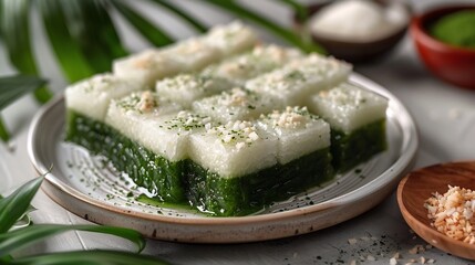Malaysian kuih talam two layer coconut pandan dessert cut into cubes on white plate