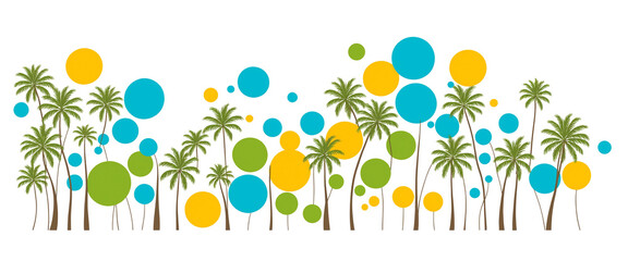 colorful circles palm trees pattern, tropical design background, abstract summer art, vacation illustration