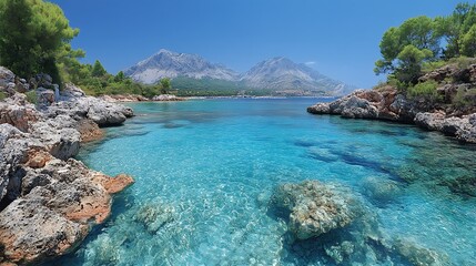 Obraz premium Crystal clear bay with rocky coast.