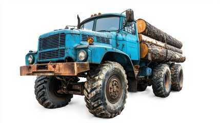 Obraz premium Vintage Blue Logging Truck with Wooden Logs on Isolated Background
