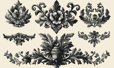 Elegant floral ornaments and decorative elements on beige background, intricate design vector