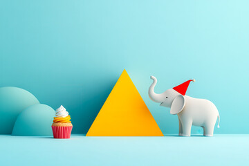 A whimsical scene featuring a playful elephant wearing a party hat beside a yellow pyramid and a colorful cupcake against a soft blue background.