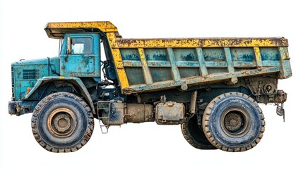 Fototapeta premium Vintage Blue Dump Truck with Yellow Bed on White Background