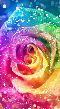 A vibrant rainbow rose glistening with dew a magical display of nature s artistry showcasing vivid colors and sparkling bokeh background
