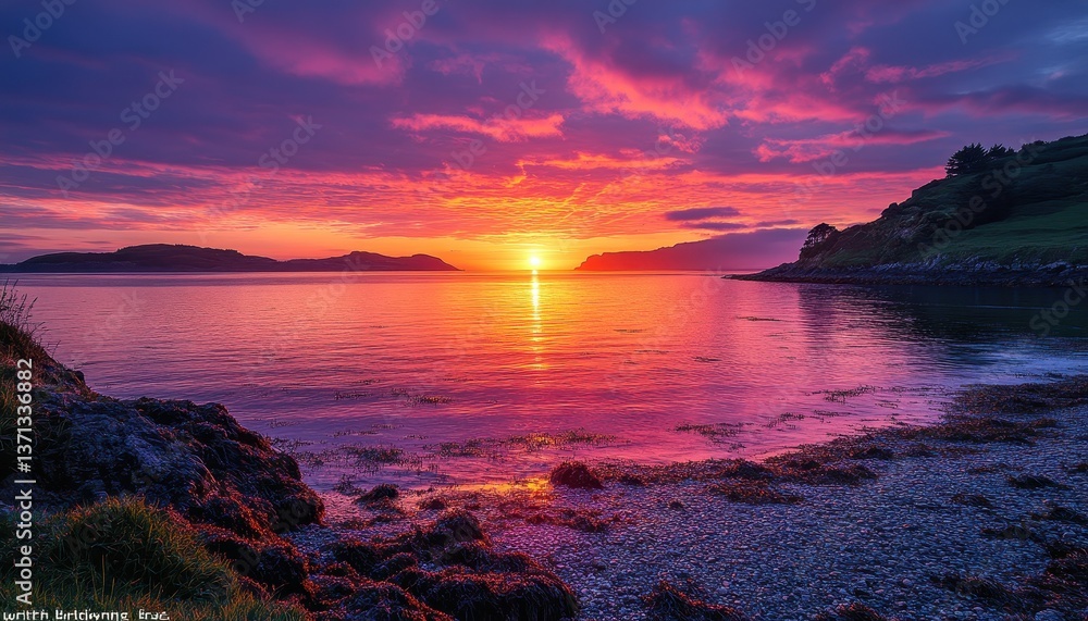 Poster stunning sunset over calm water with colorful sky reflecting in the sea near coastal cliffs in a ser