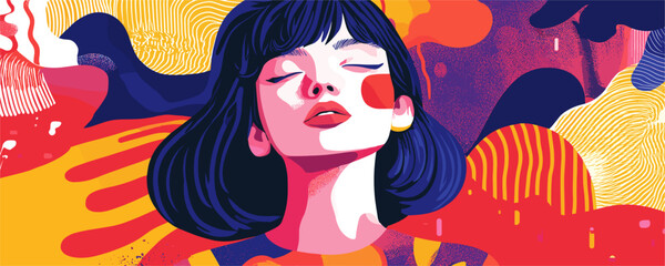 Colorful psychedelic portrait of a woman with closed eyes - vector