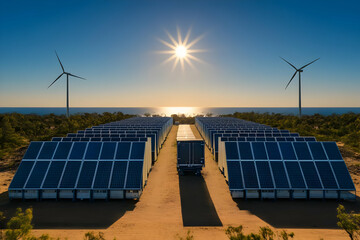 Photo A Scenic View Of Solar Panels And Wind Turbines With A Truck At Sunset