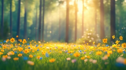 Obraz premium Sunlit forest glade filled with wildflowers