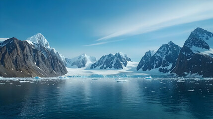 Snow Capped Mountains And Glaciers Meeting A Calm Blue Sea Under A Clear Sky Reflecting The Majestic Wilderness