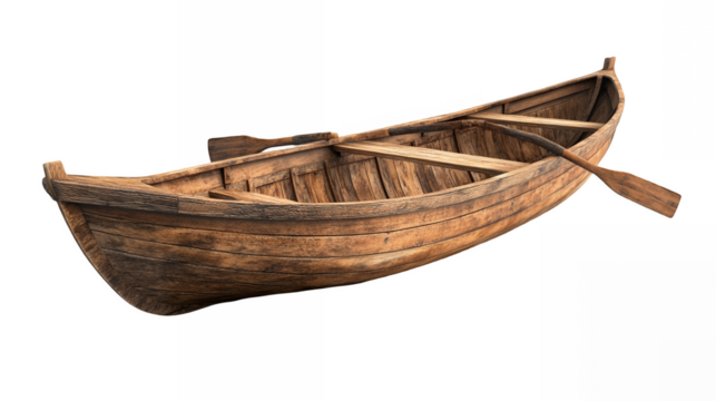 Vintage wooden rowing boat with weathered oars and rustic details isolated on a transparent background